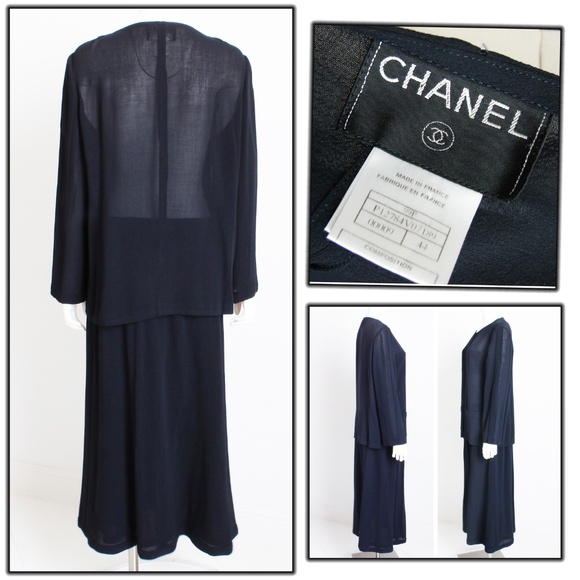 Chanel Jacket + Skirt Suit 2pc Sheer Wool Crepe Button Front Navy Blue 99P HTF - Picture 10 of 10